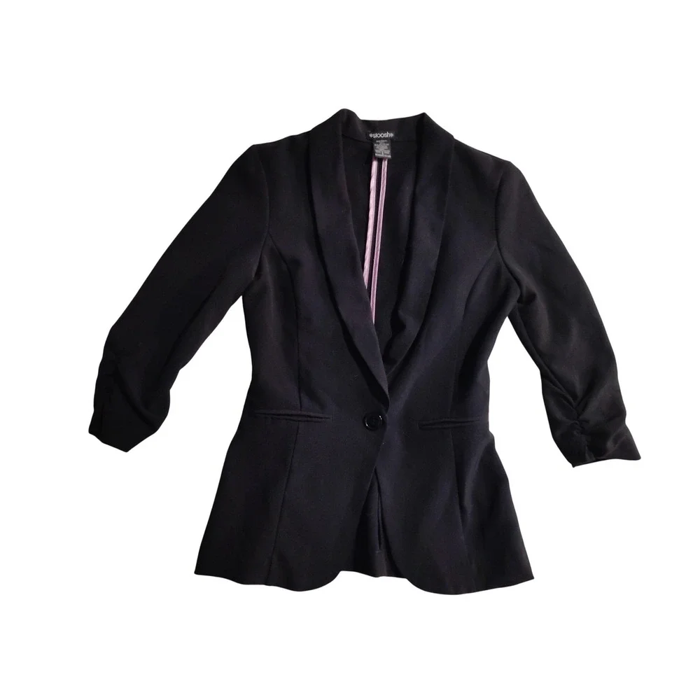 Stoosh Womens Black Ruched 3/4 Sleeve Single Button Blazer Jacket Size Small